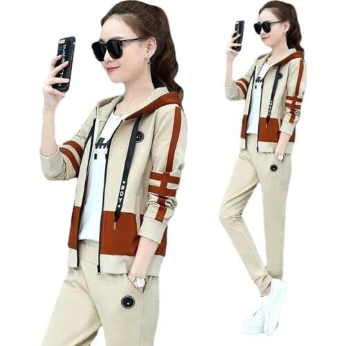 High-cotton casual wear sports suit female 2021 spring and autumn new fashion large size loose long-sleeved three-piece suit