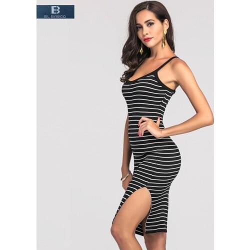 [EL BARCO] 2017 New Cotton Long Stripe Sexy Summer Dress Women Pencil Vestido Sleeveless Bodycon Black Gray Tank Tops Club Dress