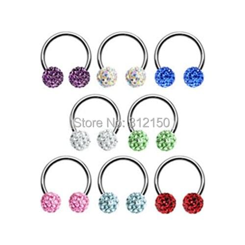 24pcs Free Shipping tragus ring Stainless Steel Crystal Ball Horseshoe Ring Body Piercing Jewelry Circular Barbell Nose Ring