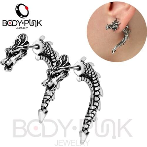 Body Punk 2PCS 3D Dragon Stud Earrings Piercing 18G Fake Ear Gauges Burning Unique Style Ear Plugs Tunnel Body Jewelry
