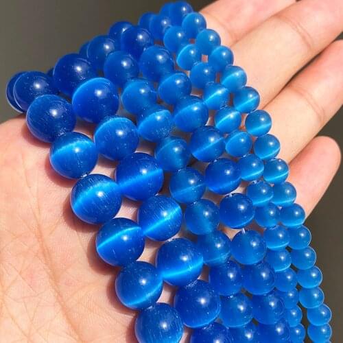 4 6 8 10mm Natural Blue Cat Eye Stone Bead Smooth Opal Moonstone Round Loose Beads For Jewelry Making DIY Bracelet Necklace 15"