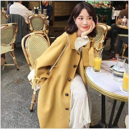 2019 Long Elegant Women Winter Woolen Coat Warm Korean Style Office Fashion Streetwear Black yellow autumn Coat Overcoat Z302