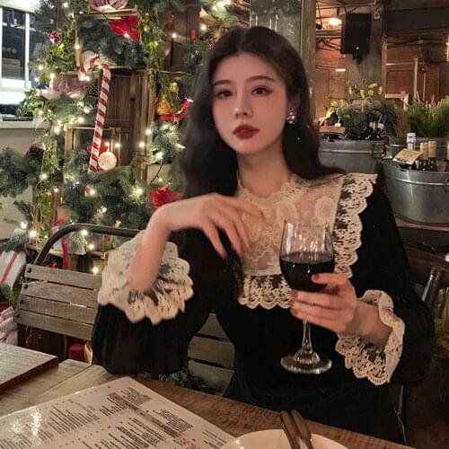 French Black Lolita Dress 2021 Summer Patchwork Lace Party Dress Women High Waist Round Neck Casual One Piece Dress Korean Cute