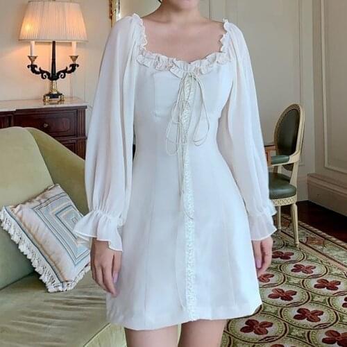 French Off The Shoulder Elegant Dress 2020 Spring Women Bandage Retro Party Mini Dress Lady Designer Long Sleeve Women Clothing