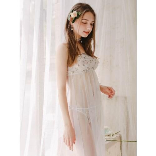 Hot Women Sexy Lingerie Perspective Mesh Nightdress Female Lace Sleepwear Lady Solid Nightgown Homewear Modal Sleep Dress