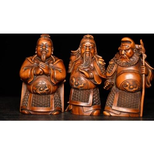 4" China Lucky Seikos Boxwood Guan Yu Zhang Fei Liu Bei Buddha Statue Taoyuan Three Knots Statue Three Kingdoms Hero