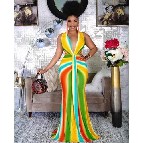 Summer Elegant Sexy Party Long Dress Womens Color Block Deep V African Sleeveless Robe Sexy Mermaid Ladies Tight Long Dress