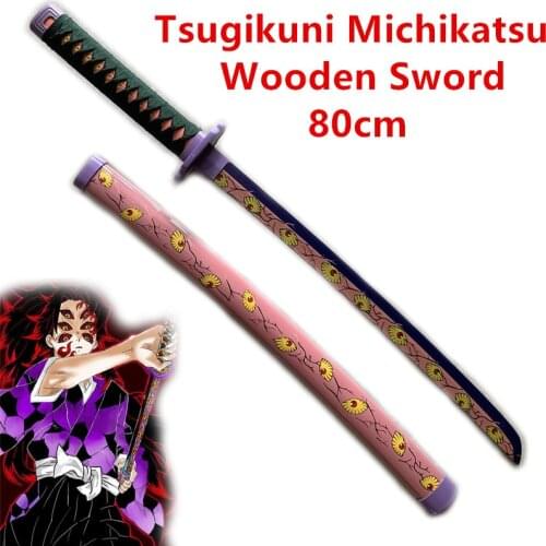80cm Demon Slayer Sword Weapon Tsugikuni Michikatsu Kokushibou Eyes Blade Sowrd Cosplay 1:1 Ninja Knife Wood Anime Sword