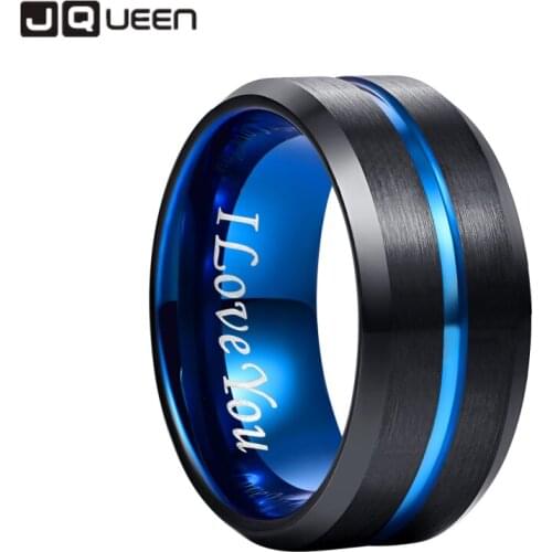 JQUEEN Mens 10mm Tungsten Carbide Ring Blue & Black Matte Finish Beveled Edge Wedding Band Size 7 to 17 AAA Quality