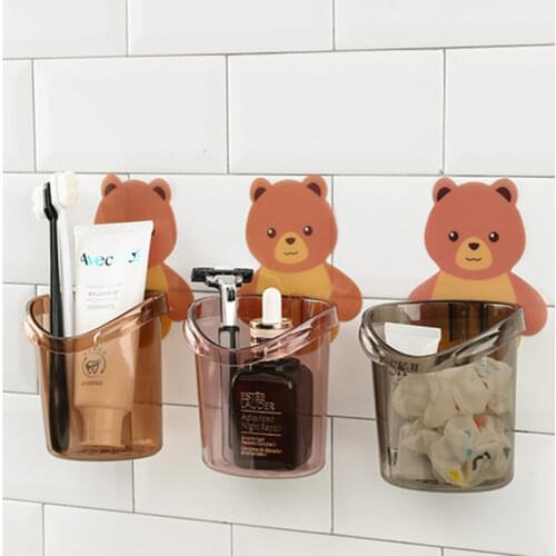 Cartoon Bear Wall Mounted Toothbrush Holder Punch Free Mouthwash Cup Comb Toothpaste Storage Rack Bathroom Supplies Organizer