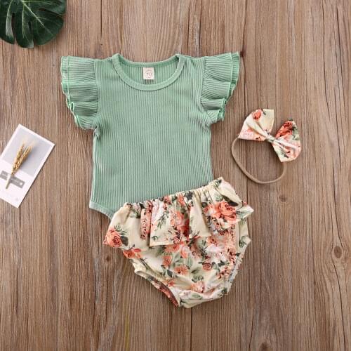 Pudcoco Newborn Baby Girl Clothes Solid Color Short Sleeve Romper Tops Flower Print Ruffle Shorts Headband 3Pcs Outfits Summer