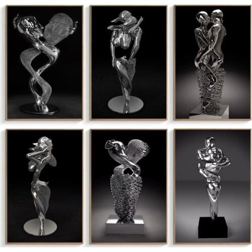 Romantic Lover Hugging Kiss Metal Sculpture Canvas Painting Posters Prints Abstract Statue Wall Art Pictures Living Room Decor