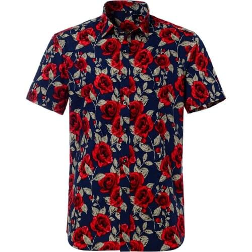 Rose Floral Hawaiian Shirts For Men Short Sleeve Beach Regular Fit Print Beach Cotton Blouse