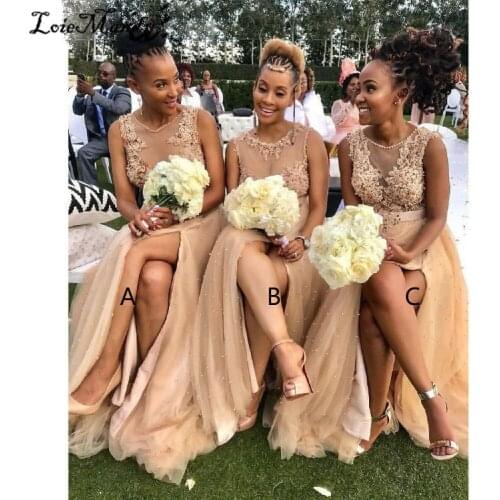 Champagne Tull Bridesmaid Dresses 2020 Elegant Appliques Lace Wedding Party Dress For Women Pearls Long Vestido de festa