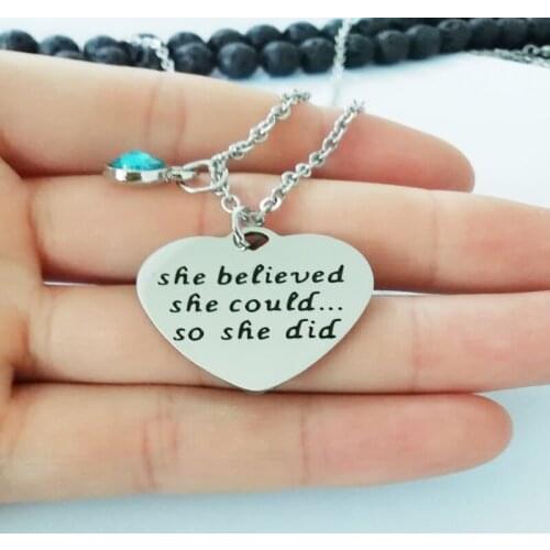She Believed She Could So She Did Inspirational Quote Pendant Charm Necklace, Encouragement Jewelry Gift for Girls, Teens, Women