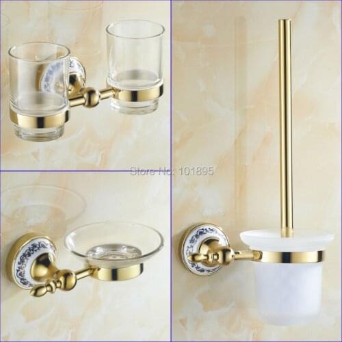 Gold Color Tumbler and Soap Dishes and Toilet Brush