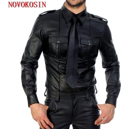 XX147 M-3XL 2019 Fashion Black Faux Leather Men Fitness T Shirts Long Sleeves Two Pocket Style Tops Tees