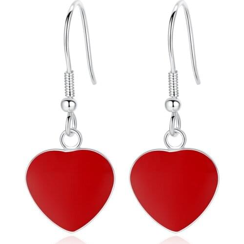 Korean Trendy Fashion Love Red Heart 925 Sterling Silver Drop Earrings For Women Simple Cute Sweet Dangle Earrings Jewelry Gift