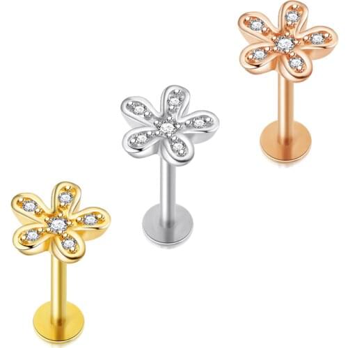 1PC16G 2021 Stainless Steel CZ Cartilage Labret Lip Earring Flower Safety Pin Helix Tragus Conch Stud Ear Piercing Jewelry