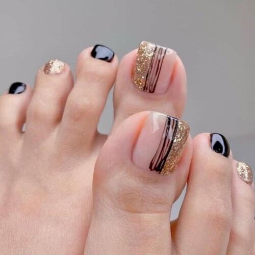 24Pcs/Box Toenails Black Handmade Glue Flat Fake Nails Decorations Art Tips Toes Short Length False Nail Fashion 2021 New