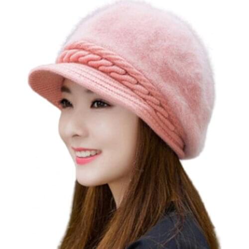 Autumn Winter Outdoor Casual Beanies Knitted Faux Rabbit Fur Warm Beret Cap Hat