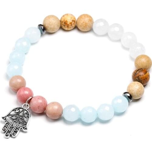 Natural Picture stone With Rhodochrosite Bracelet Section white and Blue chalcedony Palm Charm Bangle Women Men Lovers Jewelry