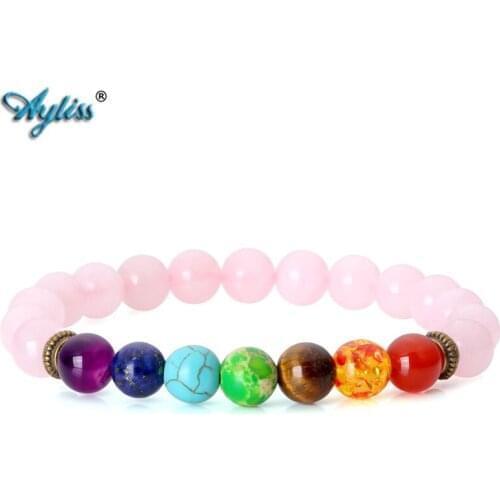 Ayliss Natural Pink Crystal Quartz Bracelets 7 Chakra Gem Stone Beads Bracelet Buddhist Prayer Stretch Reiki Yoga Bracelet Jewel