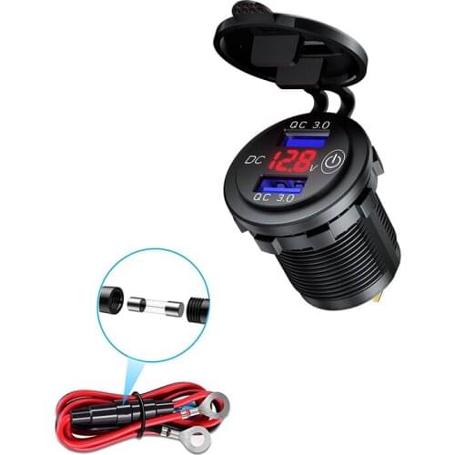 DIY 12V-24V Car Charger Dual QC3.0 USB Charger with LED Voltmeter 60CM Fuse Cable for Marine Boat Motorcycle Truck Golf Cart