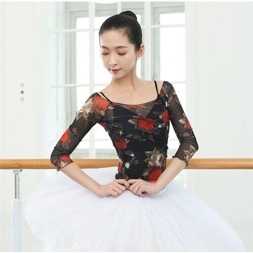 Women Printed Mesh Top Adult Ballet Wrap Dance Training Tops Gymnastic Suit Figure Dress Lyrical Dancewear Crop Dancing Costumes