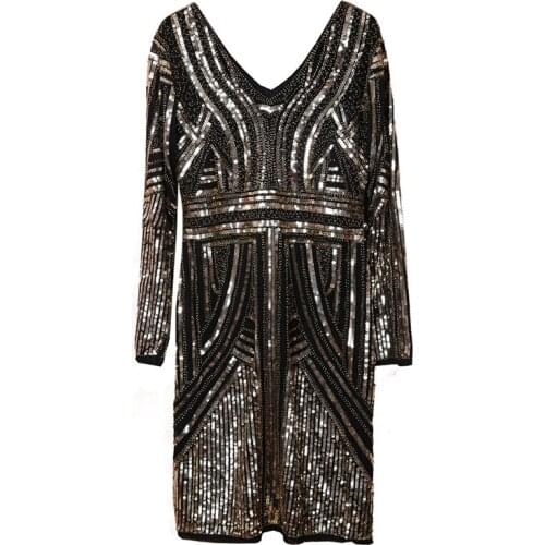 PERHAPS U Elegant Club Party V Neck Black Gold Sequined Bling Long Sleeve Halter Mini Evening Party Dress Autumn Spring D2199