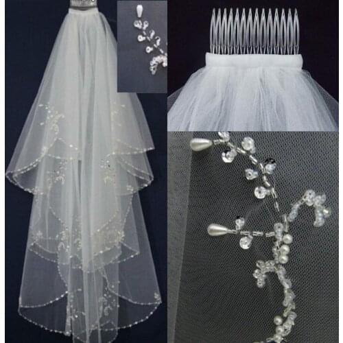 Sequins Beaded Wedding Veils White Ivory Glamorous Bridal Hair Accessories Two-Layer Bridal Veils Comb