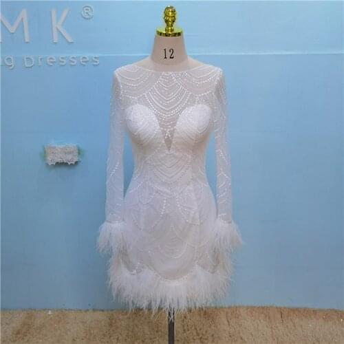 UMK Fashion Feather Short Wedding Dress Lace Long Sleeve Sequins Backless Sexy Modern Bridal Gowns