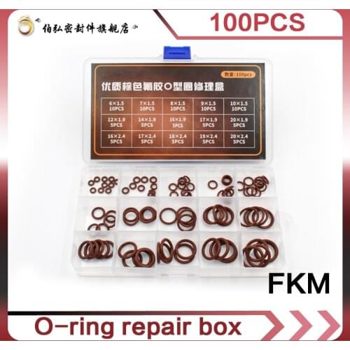 100pcs Brown FKM O Rings fluororubber Kit 15Sizes Seal Sealing O-rings Washer Gasket O-Ring Set Assortment Set Kit Box