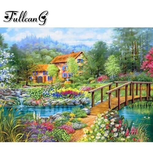 FULLCANG Garden cottage scenery diy 5d mosaic diamond painting full square round drill rhinestone embroidery sale decor FC3198