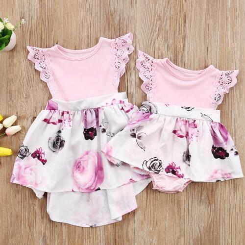 Newborn Toddler Baby Girls Dress Matching Clothes Dresses Cute Floral Lace Romper Childrens Clothing Sets Girls Sunsuit Summer