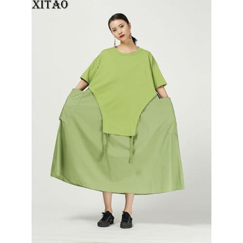 XITAO Plus Size Loose Dress Fashion Irregular Patchwork Pocket Small Fresh Casual Pleated Small Fresh Style Dress DMY4245