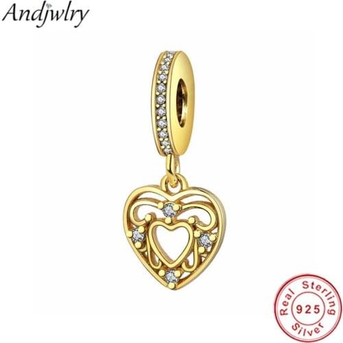 Fit Original Charms Bracelet 925 Sterling Silver Gold Heart Dangle Charm Pendant DIY Jewelry Berloque