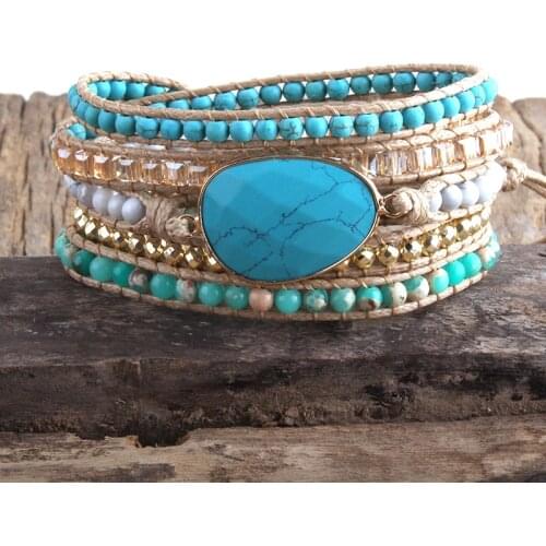 RH New Designer Fashion Boho Bracelet Natural Stones Grass Turq Stone Charm 5 Strands Woven Wrap Bracelets Gift Dropshipping