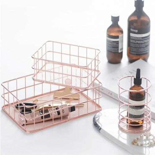 Rose Gold Wrought Iron Storage Box Stationery Basket Fruit Bowl Makeup Box Decorative Ornaments