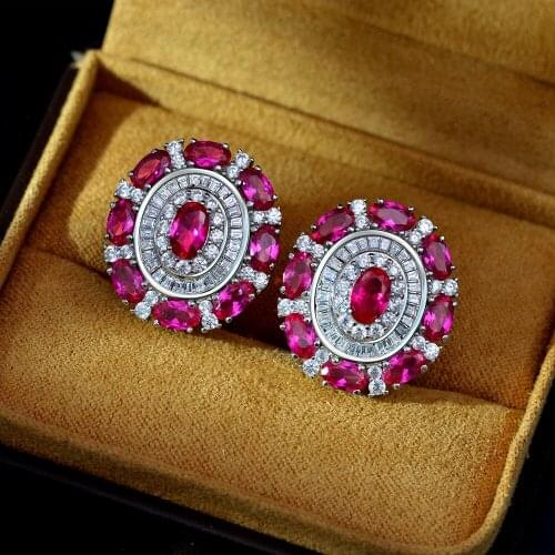 Elegant Ruby Diamond Stud Earring 100% Real 925 sterling silver Promise Wedding Earrings for Women Bridal Moissanite Jewelry