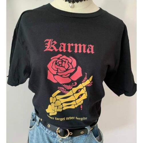 Sunfiz YF Summer Fashion Unisex Tee Karma Skeleton Rose Print Tee Women Grunge Gothic Graphic Tee Cotton Black Tshirt