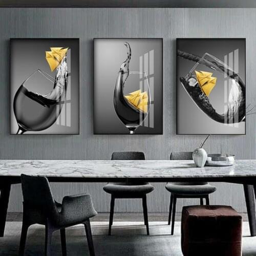SELFLESS ART Nordic Poste Black White Wine Glasses Boat Modern Canvas Art Wall Pictures Print For Dining Room Bar Home Decor