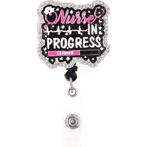 Pink Medical Nurse Progress Rhinestone Retractable ID Badge Holder Reel