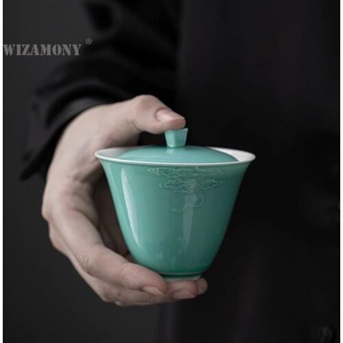 WIZAMONY Embossed Xiangyun Bowl Handmade Shadow Carving Tea Bowl Creative Iris Blue Kung Fu Tea Set Customization