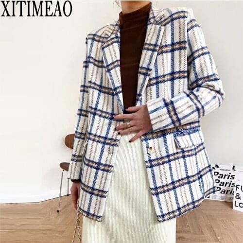 XITIMEAO New Women Casual Woolen Coat Blazer Office Lady Plaid Slim Suit Coat Single Breasted Thickening Ladies Blazers
