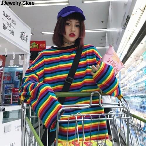 Causal Cotton Tshirt Women Striped Tshirt Rainbow Shirt Female Loose Harajuku Top Shirts Punk Style Tops