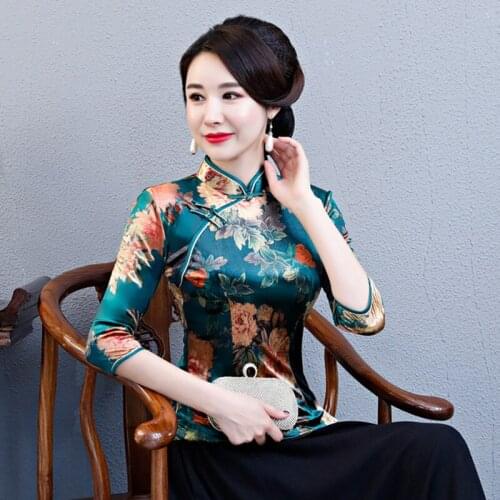 Spring Fall Woman Female Clothes Chinese Style Floral Printed Slim Cheongsam Blouse Shirt Top , 3xl Tops and Blouses for Women