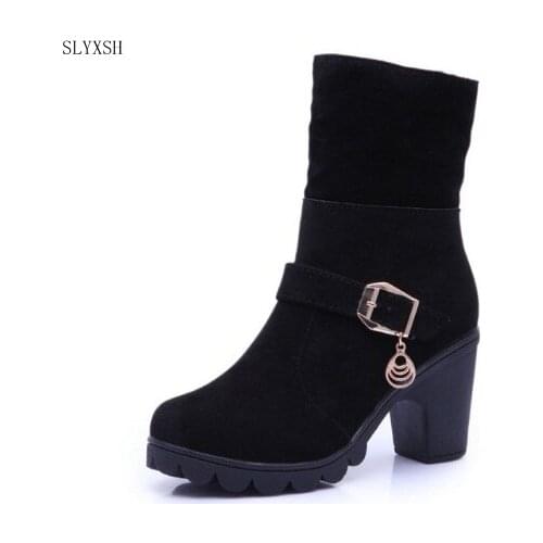 SLYXSH New 2018 Winter High Heel Boots Warm Plush Square Heels Winter Shoes Womens Boots Ladies Fashion Brand Ankle Snow Boots