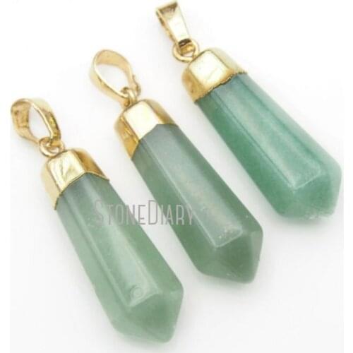 H-PP18 10pcs Healing Crystal Pillar Pendant Aventurine Quartz Point Charm with Gold Or Silver Cap