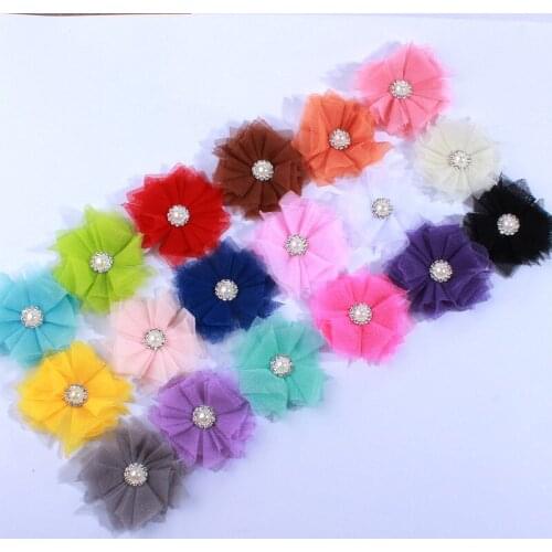 120PCS 6.5CM Mini Tulle Mesh Chiffon Flowers With Pearls DIY Craft Fabric Flower For Hair Accessories Head Wear